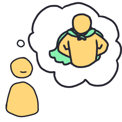 a figure with a slight smile thinking about another person, who has their hands on their hips and is wearing a cape. the person being thought about is emoji yellow and has a green cape.